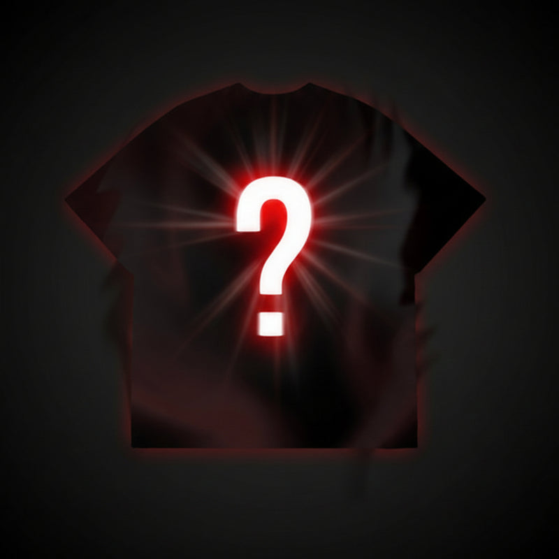 A mystery apparel listing showing two black garments on a white background: a short-sleeve T-shirt with a large glowing red-and-white question mark on the front, and matching black shorts with the same question mark on the front.
