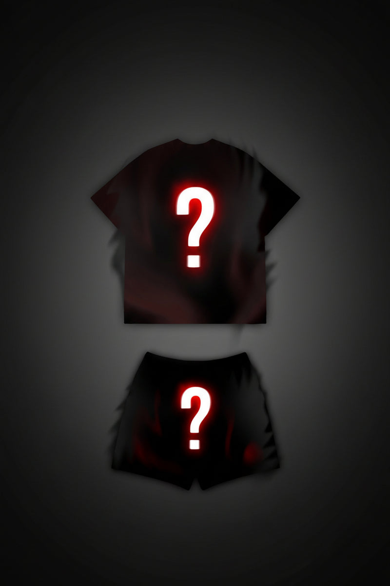 A mystery apparel listing showing two black garments on a white background: a short-sleeve T-shirt with a large glowing red-and-white question mark on the front, and matching black shorts with the same question mark on the front.